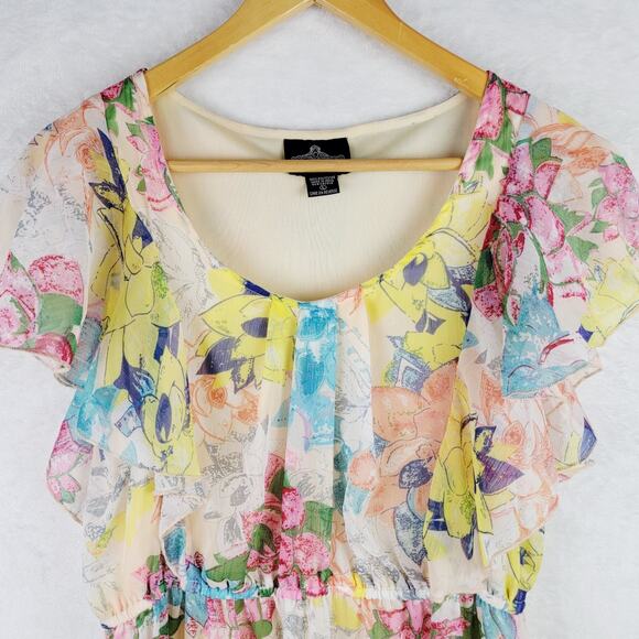 Whimsical L Midi Sun Dress Fairycore Romantic Colorful Floral Ruffle Sleeveless - Picture 2 of 10